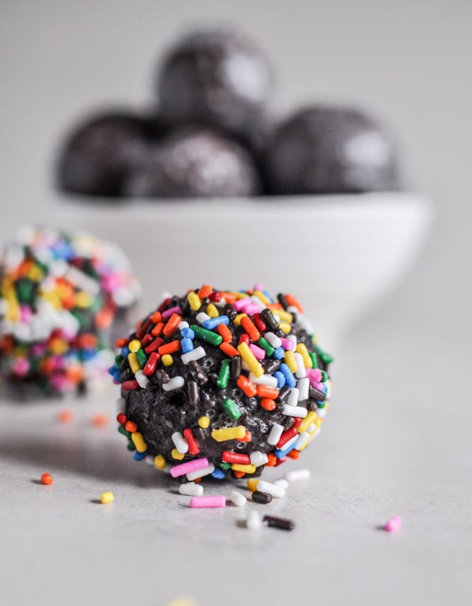 Glazed and Sprinkled Chocolate Cake Donut Holes I howsweeteats.com