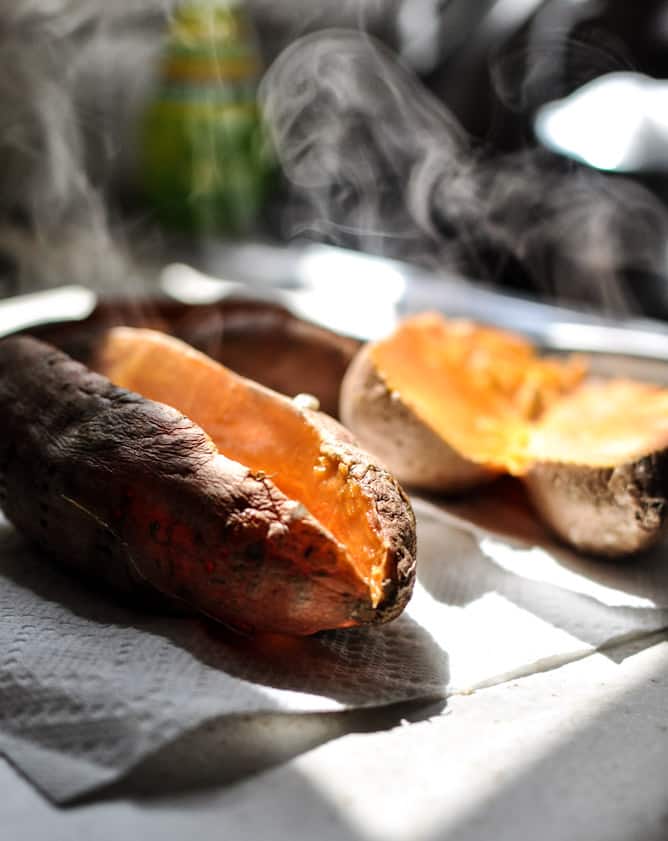 Smoky Sweet Potato Burgers with Roasted Garlic Cream and Avocado I howsweeteats.com