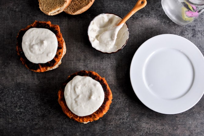 Smoky Sweet Potato Burgers with Roasted Garlic Cream and Avocado I howsweeteats.com