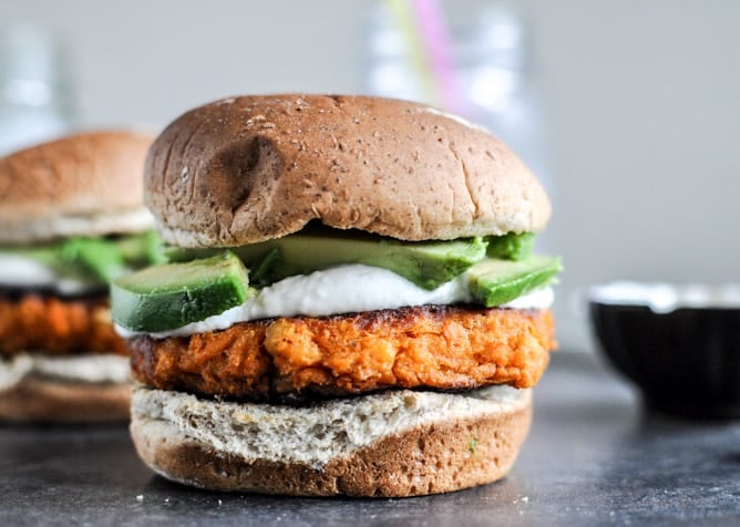 Smoky Sweet Potato Burgers with Roasted Garlic Cream and Avocado I howsweeteats.com