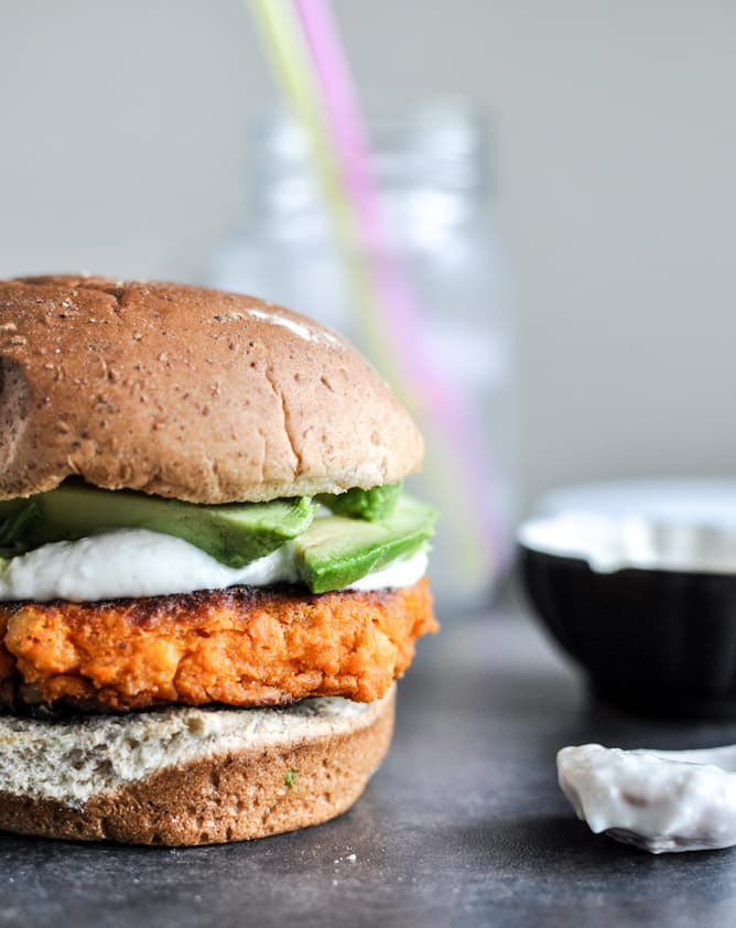 Smoky Sweet Potato Burgers with Roasted Garlic Cream and Avocado I howsweeteats.com