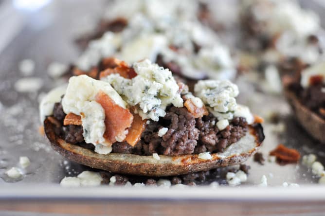 Bacon Blue Cheeseburger Potato Skins I howsweeteats.com