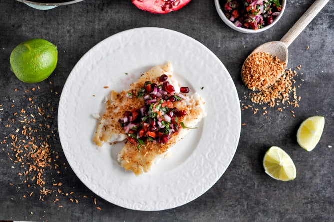 Toasted Coconut Tilapia with Pomegranate Salsa I howsweeteats.com