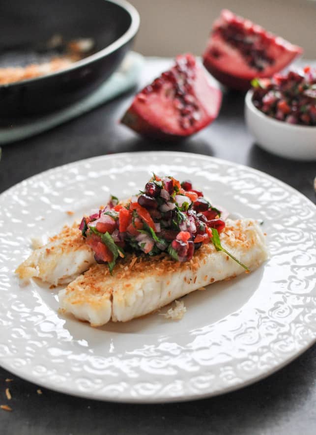 Toasted Coconut Tilapia with Pomegranate Salsa I howsweeteats.com