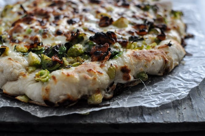 Cast Iron Skillet Brussels Sprouts Bacon Pizza I howsweeteats.com