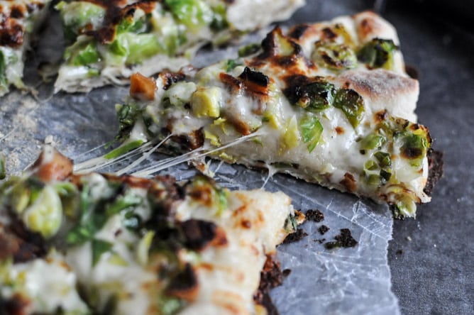 Cast Iron Skillet Brussels Sprouts Bacon Pizza I howsweeteats.com