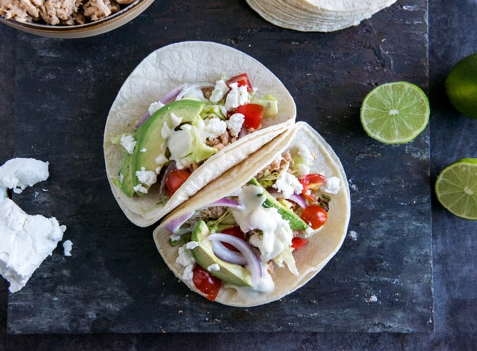 Smoky Roasted Chicken Tacos with Spicy Goat Cheese Queso I howsweeteats.com