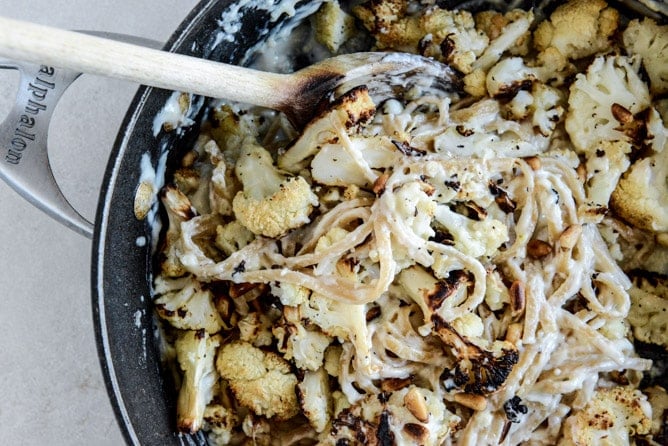 Broiled Salmon and Roasted Garlic Cream Noodles with Crispy Cauliflower + Toasted Pine Nuts I howsweeteats.com