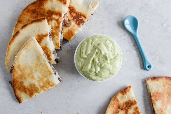 Cheesy Double Bean Quesadillas with Homemade Avocado Ranch I howsweeteats.com