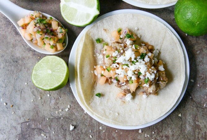 Jerk Shrimp Tacos with Spicy Melon Salsa I howsweeteats.com