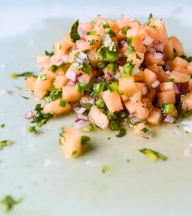 Jerk Shrimp Tacos with Spicy Melon Salsa I howsweeteats.com