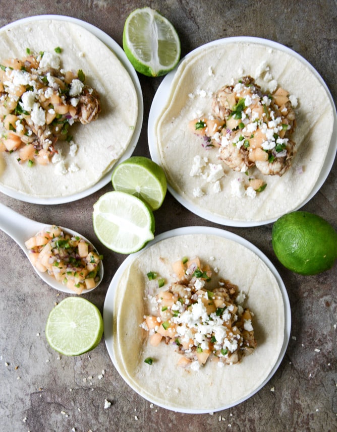 Jerk Shrimp Tacos with Spicy Melon Salsa I howsweeteats.com