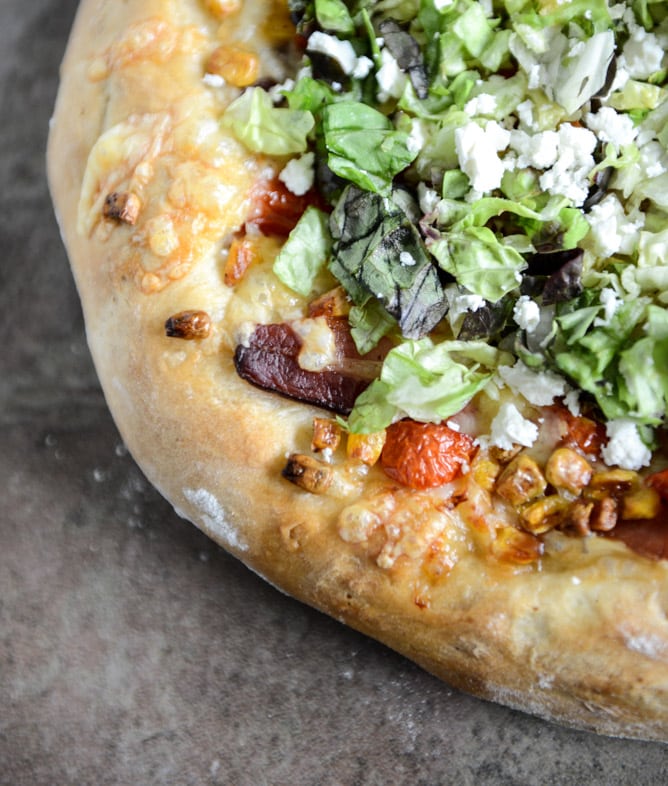 BLT Pizza with Grilled Corn + Crumbled Feta I howsweeteats.com