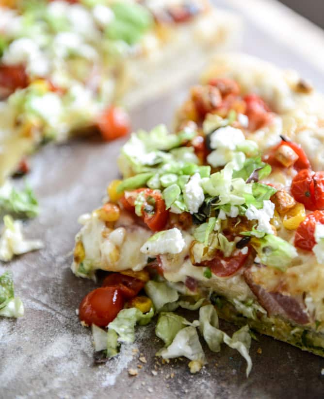BLT Pizza with Grilled Corn + Crumbled Feta I howsweeteats.com