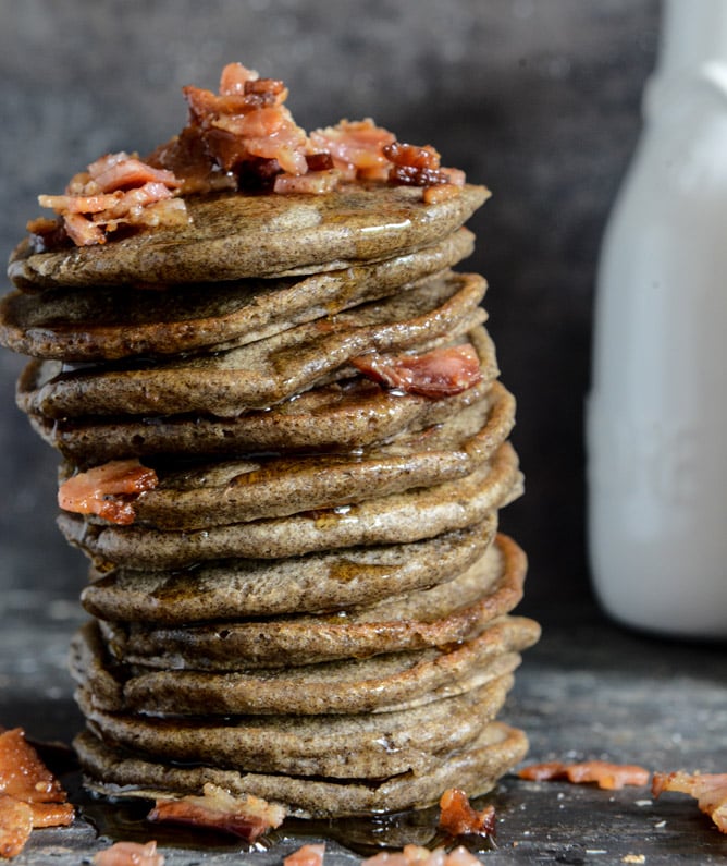 Mini Buckwheat Bacon Pancakes with Bourbon Syrup I howsweeteats.com