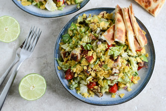 Chopped Chicken Taco Salads with Cheese Quesadilla Strips I howsweeteats.com
