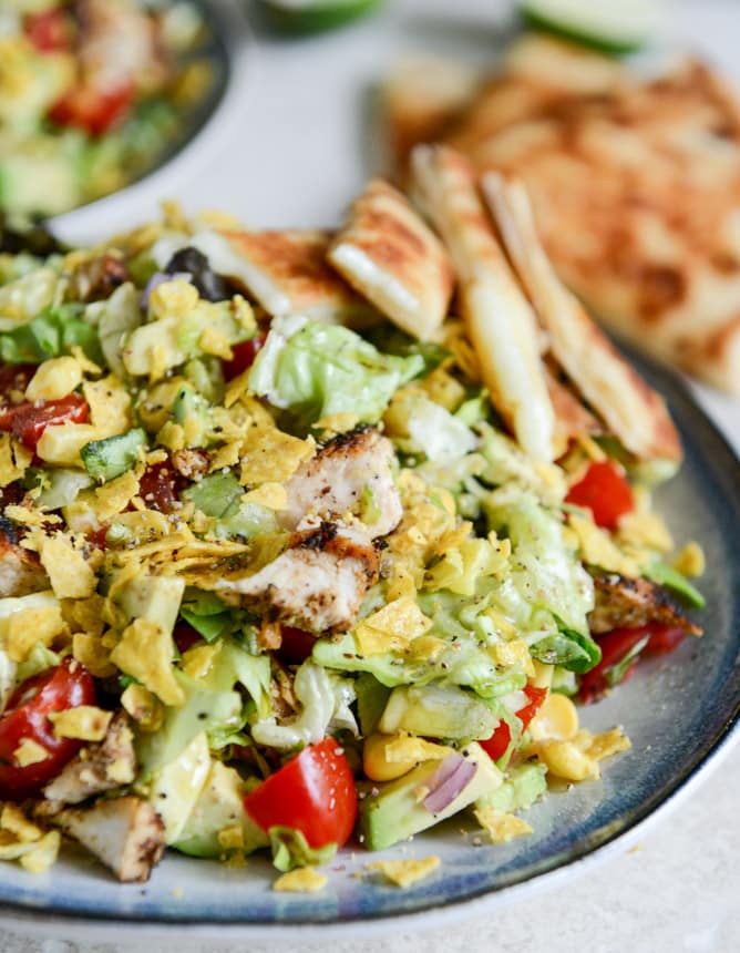 Chopped Chicken Taco Salads with Cheese Quesadilla Strips I howsweeteats.com