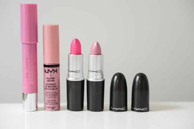 Revlon Balm Stain in Cherish, NYX Lip Butter in Eclair, MAC Candy Yum Yum, MAC Creme Cup I howsweeteats.com