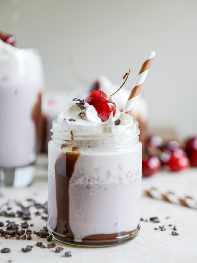 Roasted Cherry Bourbon Milkshakes with Hot Fudge I howsweeteats.com