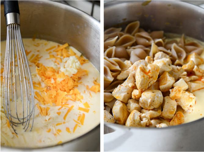Stovetop Buffalo Chicken Shells + Cheese I howsweeteats.com