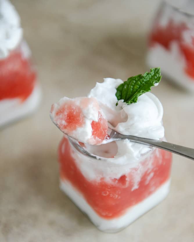 Boozy Watermelon Granitas with Coconut Whipped Cream I howsweeteats.com