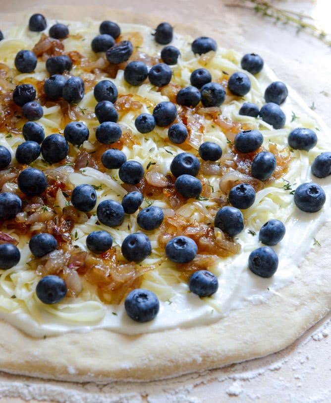 Blueberry Pizza with Whipped Ricotta + Caramelized Shallots I howsweeteats.com