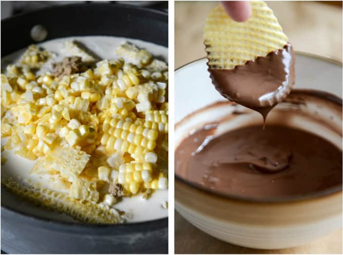 Sweet Corn Ice Cream with a Salted Caramel Swirl + Chocolate Covered Potato Chips I howsweeteats.com