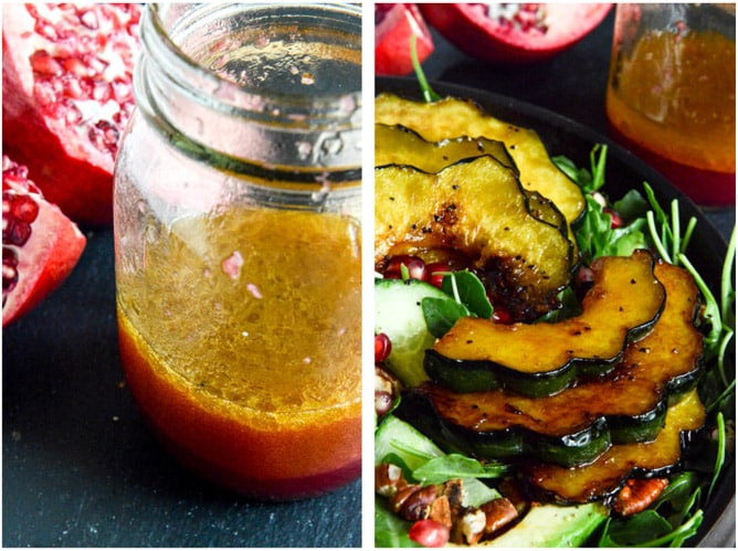 Autumn Arugula Salad with Caramelized Squash, Spiced Pecans and Pomegranate Ginger Vinaigrette I howsweeteats.com