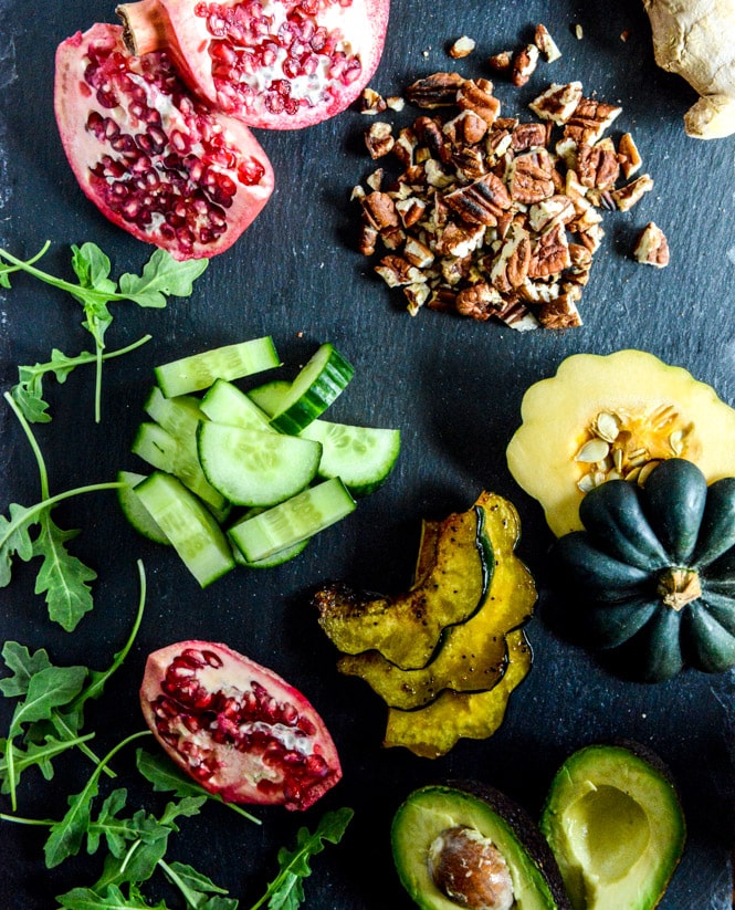 Autumn Arugula Salad with Caramelized Squash, Spiced Pecans and Pomegranate Ginger Vinaigrette I howsweeteats.com