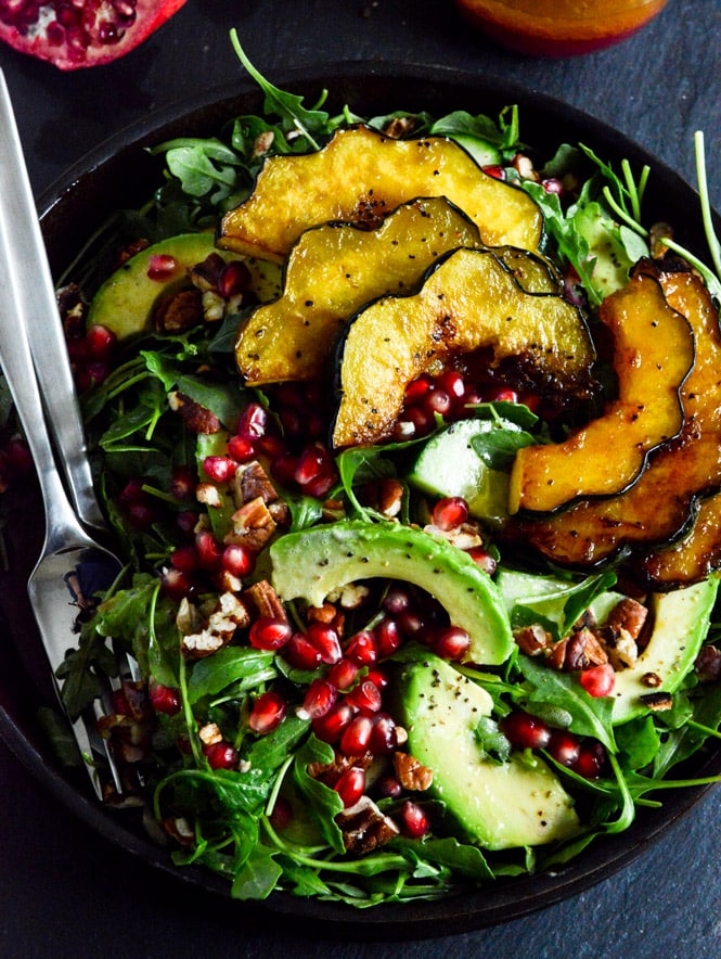 Autumn Arugula Salad with Caramelized Squash, Spiced Pecans and Pomegranate Ginger Vinaigrette I howsweeteats.com