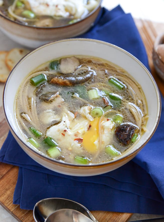 Chicken + Mushroom Noodle Soup with Poached Eggs I howsweeteats.com