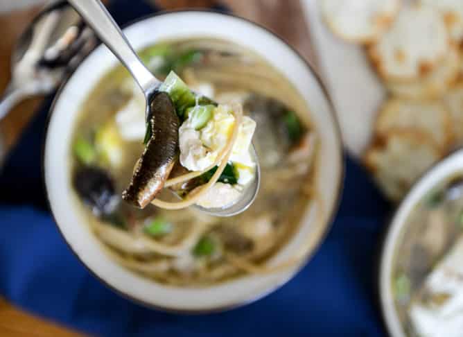 Chicken + Mushroom Noodle Soup with Poached Eggs I howsweeteats.com