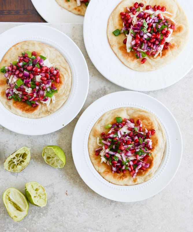 Honey Ginger Chicken Tostadas with Pomegranate Salsa I howsweeteats.com