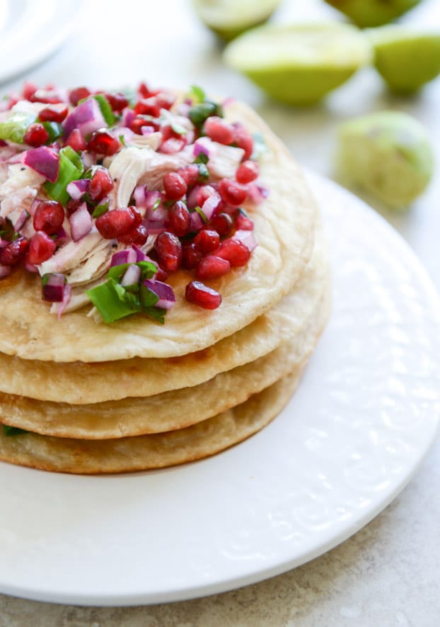Honey Ginger Chicken Tostadas with Pomegranate Salsa I howsweeteats.com