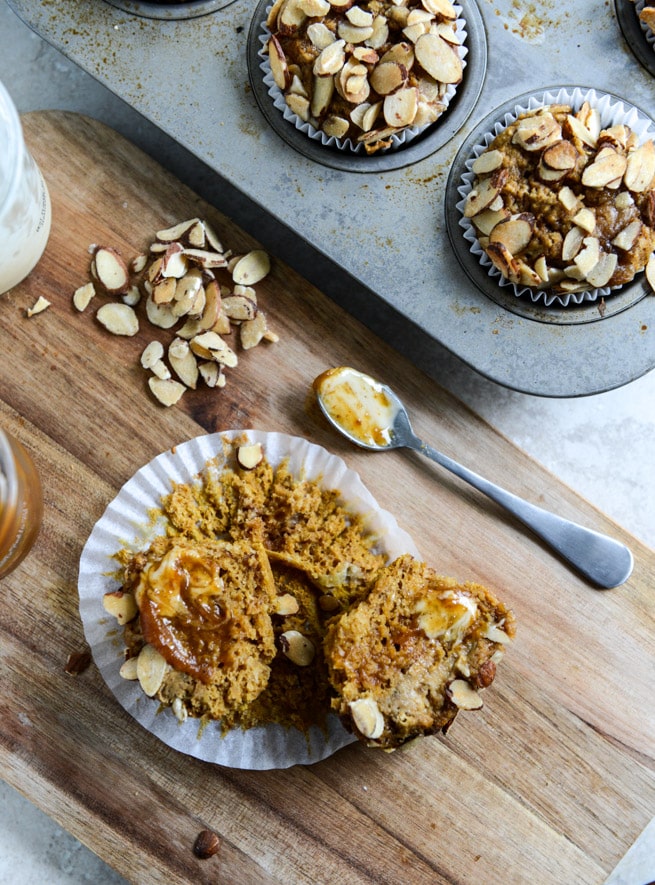 Whole Wheat Pumpkin Almond Muffins I howsweeteats.com