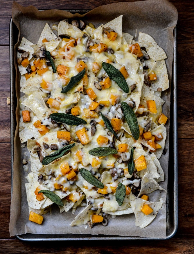 Spiced Butternut Squash, Garlic Butter Mushroom and Fontina Nachos with Crispy Sage I howsweeteats.com