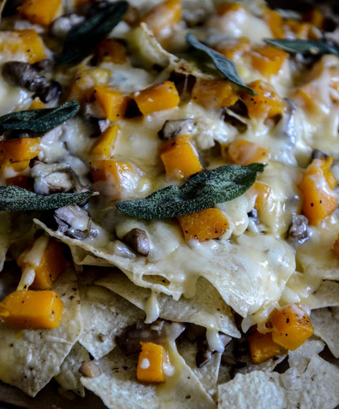Spiced Butternut Squash, Garlic Butter Mushroom and Fontina Nachos with Crispy Sage I howsweeteats.com