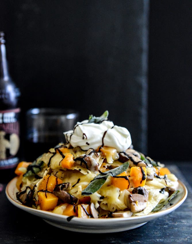 Spiced Butternut Squash, Garlic Butter Mushroom and Fontina Nachos with Crispy Sage I howsweeteats.com