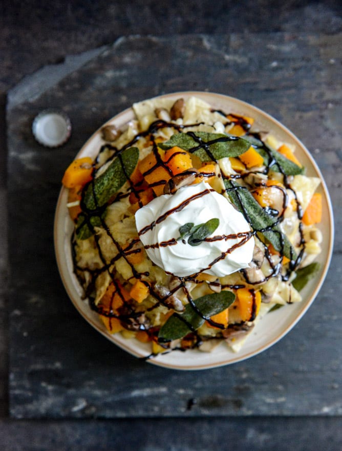 Spiced Butternut Squash, Garlic Butter Mushroom and Fontina Nachos with Crispy Sage I howsweeteats.com
