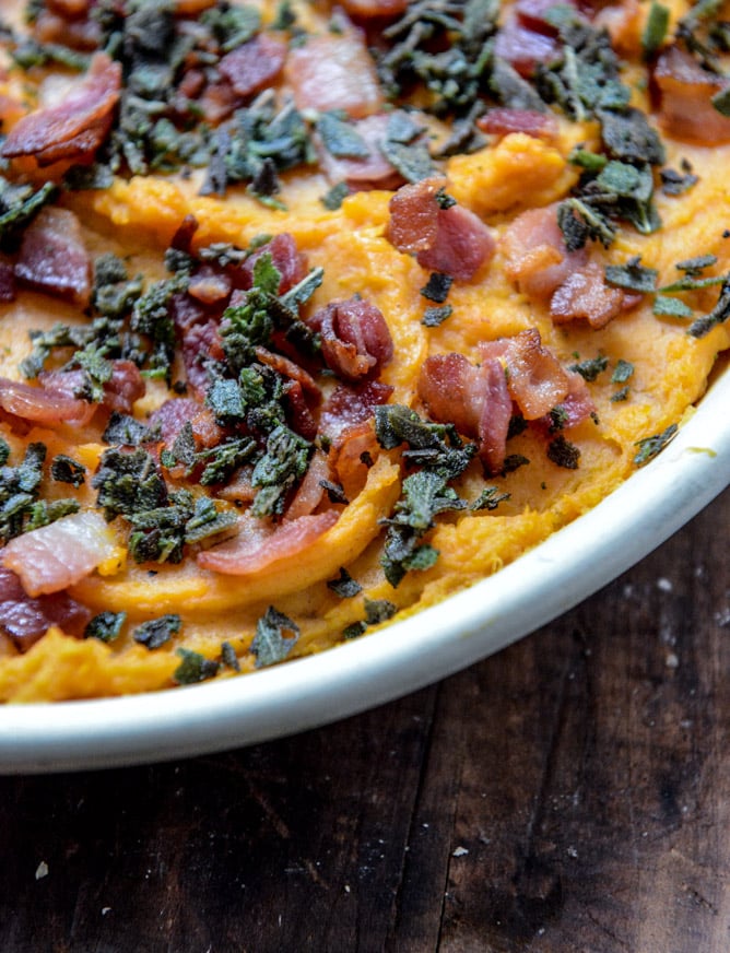 bacon bourbon whipped sweet potatoes with brown butter and crispy sage I howsweeteats.com