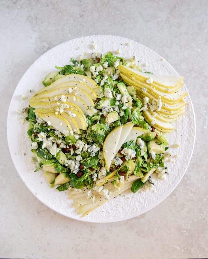 maple bacon brussels, pear and blue cheese salad I howsweeteats.com