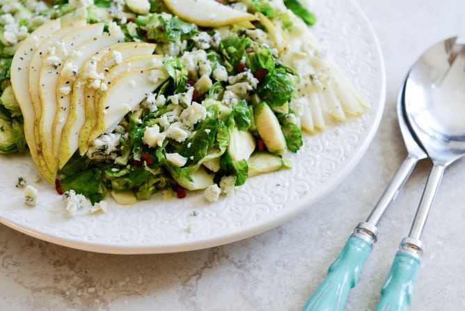 maple bacon brussels, pear and blue cheese salad I howsweeteats.com