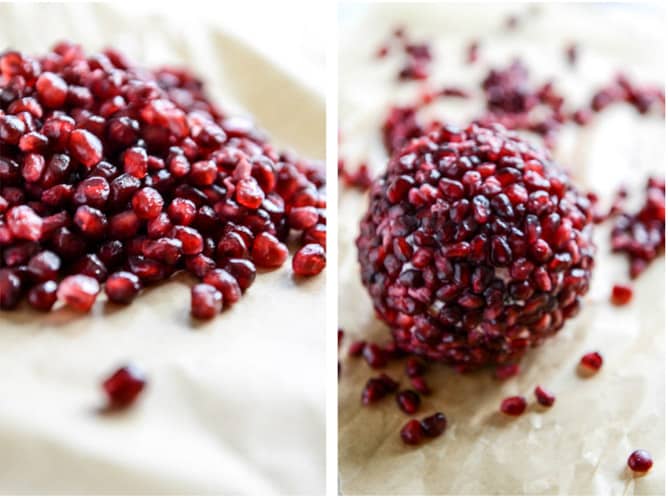 Pomegranate Jeweled White Cheddar, Toasted Almond and Crispy Sage Cheeseball I howsweeteats.com