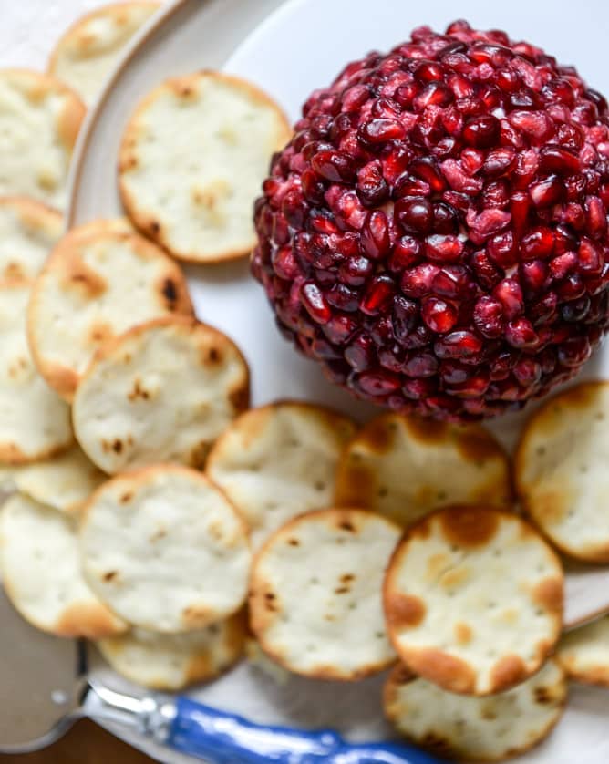 Pomegranate Jeweled White Cheddar, Toasted Almond and Crispy Sage Cheeseball I howsweeteats.com