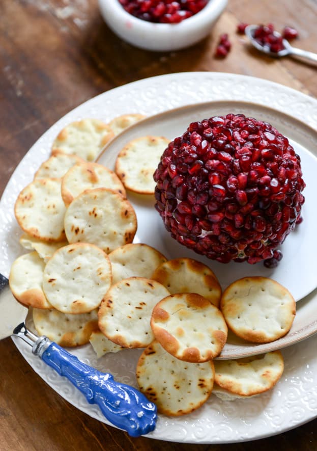 Pomegranate Jeweled White Cheddar, Toasted Almond and Crispy Sage Cheeseball I howsweeteats.com