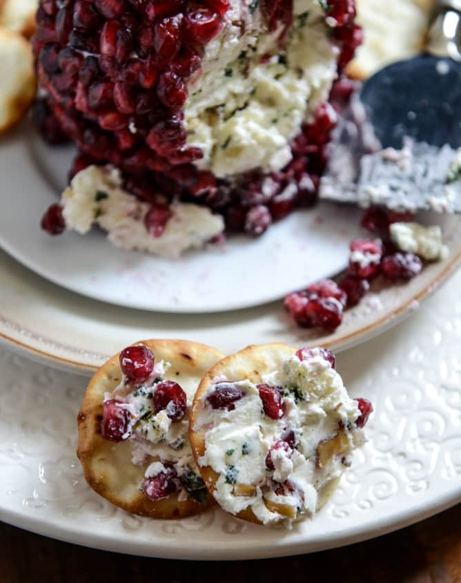 Pomegranate Jeweled White Cheddar, Toasted Almond and Crispy Sage Cheeseball I howsweeteats.com
