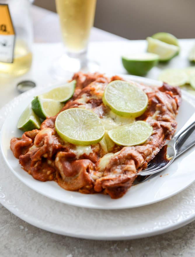 Spicy Beer Braised Lime Chicken Enchiladas I howsweeteats.com