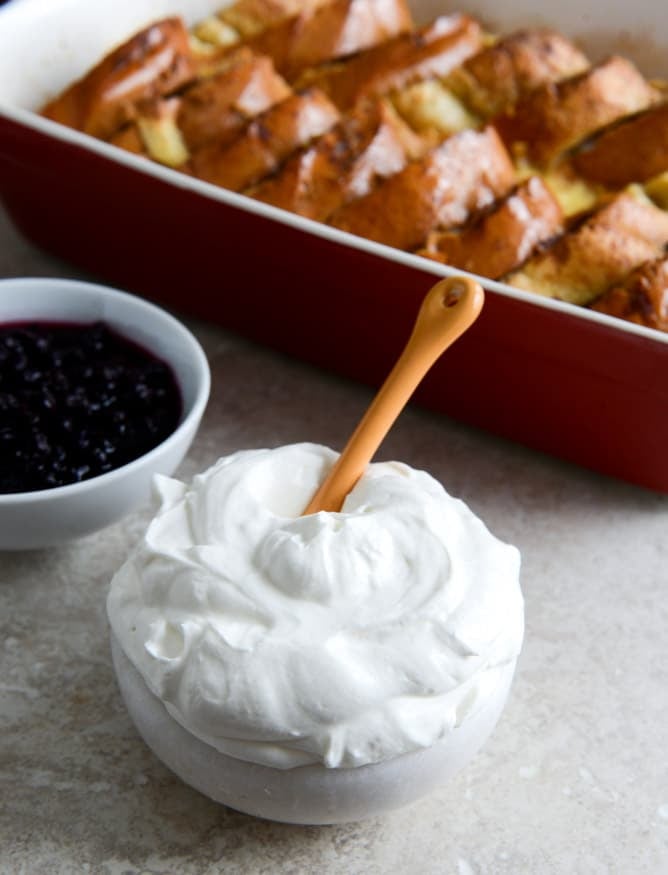Cinnamon Sugar Sourdough French Toast Bake with Whipped Yogurt Topping I howsweeteats.com