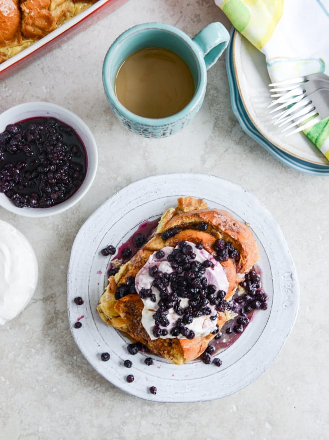 Cinnamon Sugar Sourdough French Toast Bake with Whipped Yogurt Topping I howsweeteats.com