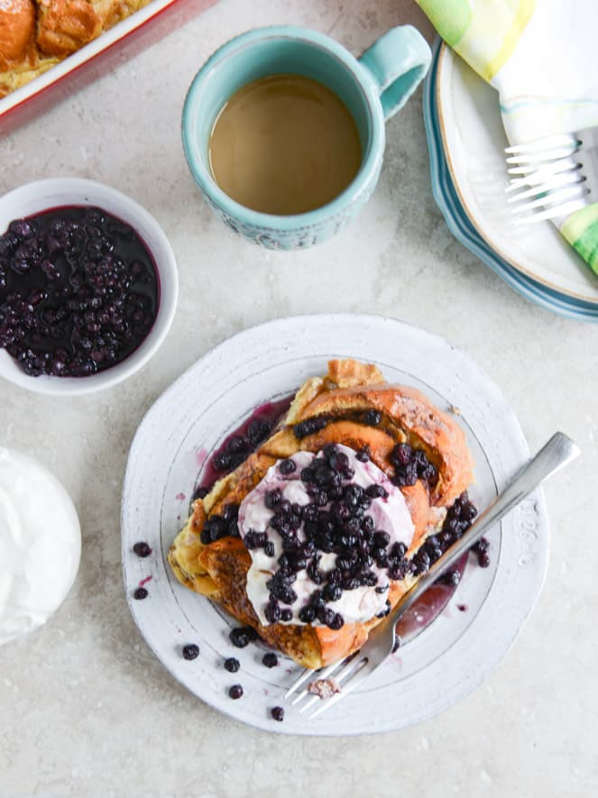 Cinnamon Sugar Sourdough French Toast Bake with Whipped Yogurt Topping I howsweeteats.com